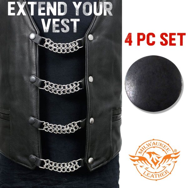 Milwaukee Leather Black Medallion Vest Extender - Double Chrome Chains Genuine Leather 6.5  Extension 4-PCS MLA6016SET on Sale - Image 3